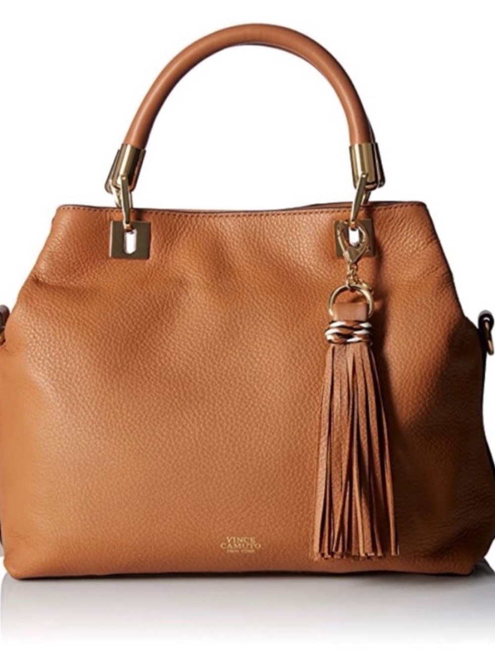Vince Camuto Brown Leather Stud-Handle Satchel with Tassel